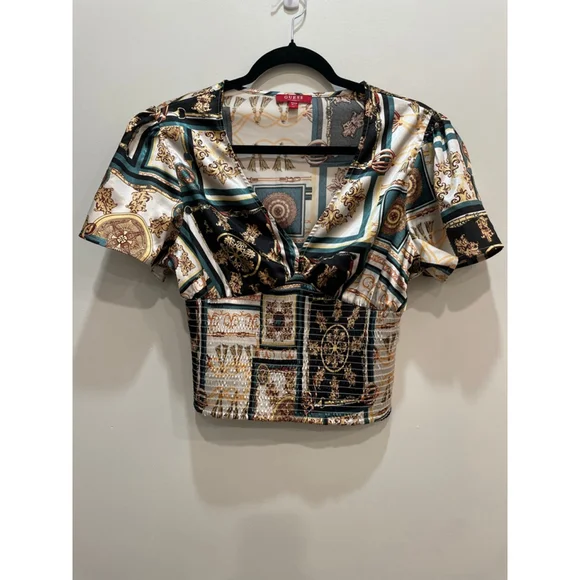 Guess Babydoll Faux Wrap Satin Crop Top M Gold Smocked Mob Wife Y2K Going Out - Picture 5 of 14